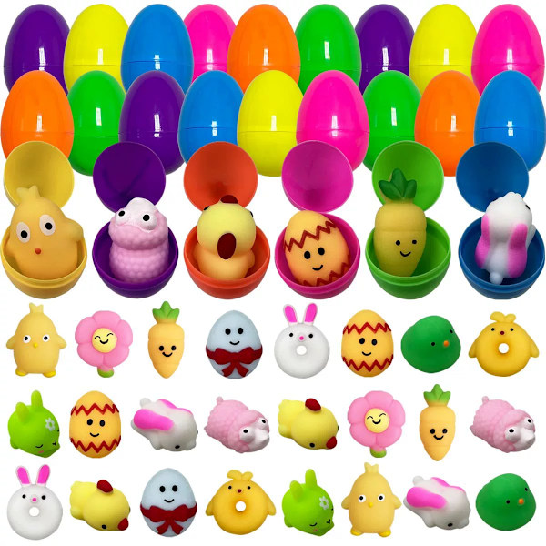 24 forhåndsutfylte påskeegg fylt med 13 squishy leker for barn, påskeegg til å fylle til påske, for påsketema, fest, jakt, påskekurver