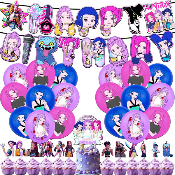 Demon Hunters Tema Bursdagsdekorasjonssett for Barn, KPOP Ballonger Vimpelbanner Kaketopper D