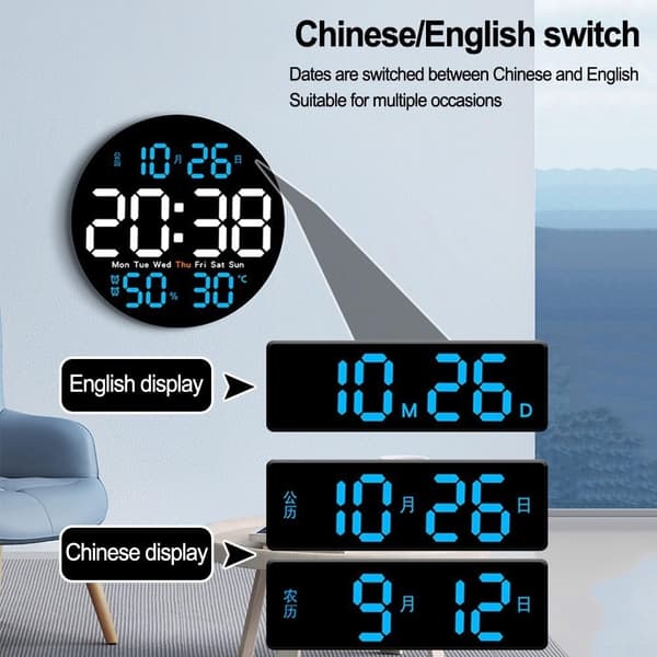 LED Digitalt Vægur 10 Tommer Display Temperatur- og Fugtighedsindikator Moderne Design Blå