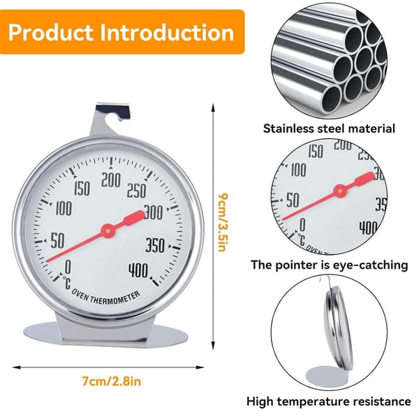 Ovntermometer 0-400°C Rustfrit Stål Ur Madlavning Grill Termometer Med Krog Til Køkken Hjem Sølv