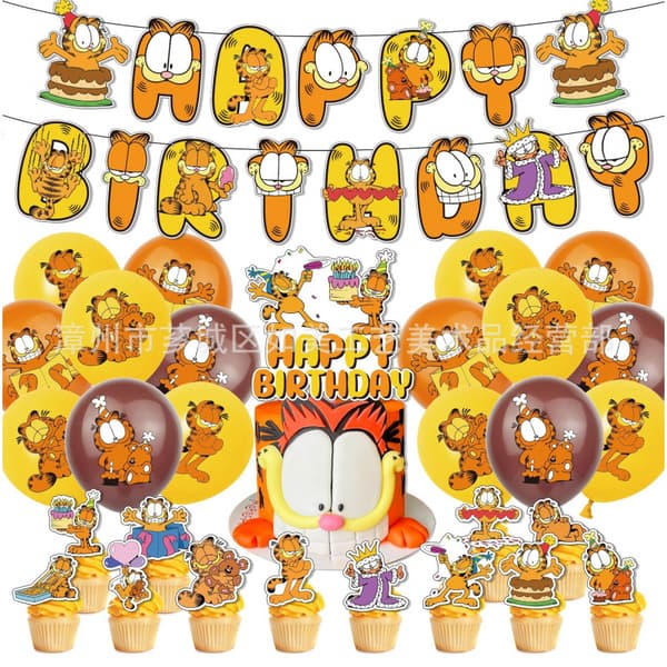 Garfield-tema Bursdagsfest Dekorasjonssett, Vimpelbanner Kaketopper og Ballonger for Barnefeiring A