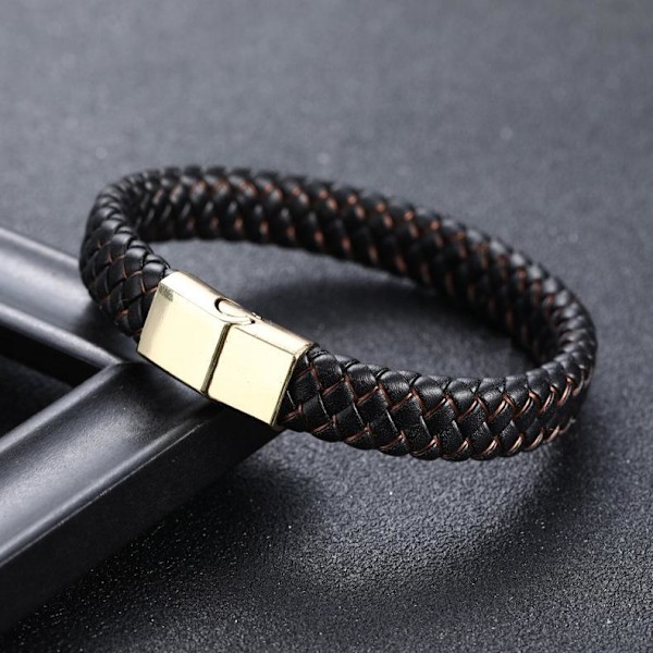 Svart äkta läderarmband med flätade färgade trådar och magnet Svart Black one size