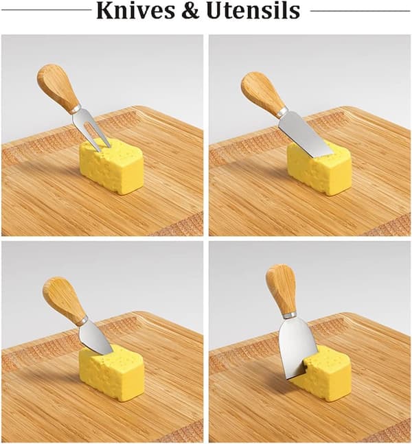 Ostebrett i bambus med knivsett og skuff Rustikk serveringsbrett for spekemat 25 cm
