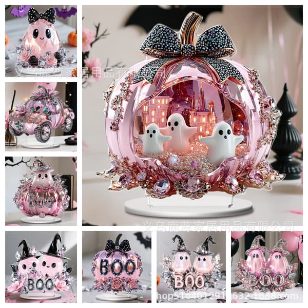 Lyserød græskarbil akrylpynt - Halloween skrivebordsdekoration til stue og arbejdsværelse SCB1455-2(16.1*20) Desktop ornaments