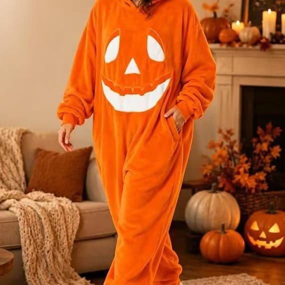 Halloween Koralfleece Onesie Pyjamas Efterår Vinter Lynlås Loungewear Orange Pumpkin M
