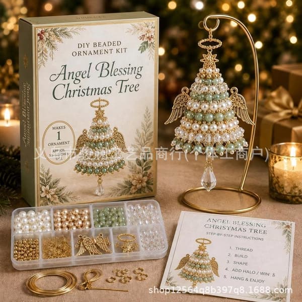Gjør-det-selv juletreperlepyntsett, 7 festlige design, håndlaget julehåndverkssett D