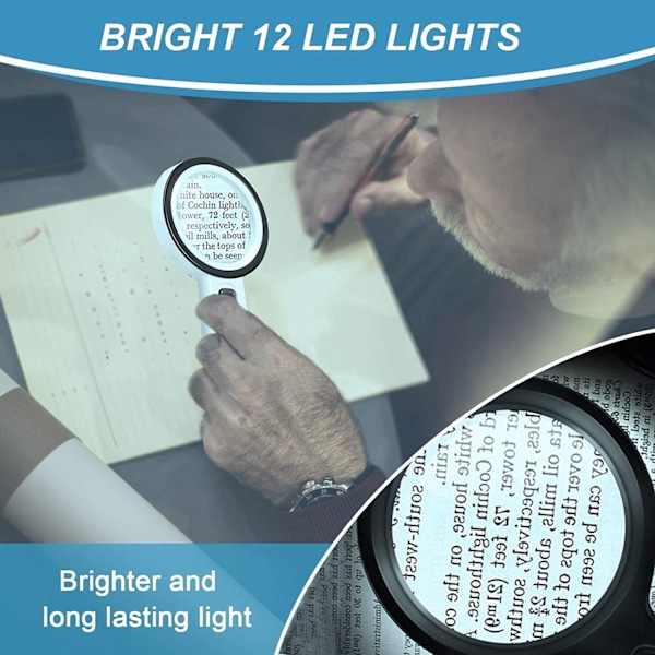 Suurennuslasi 12 LED-valolla, 30x kaksoislasilinssillä varustettu kädessä pidettävä valaistu suurennuslasi lukemiseen