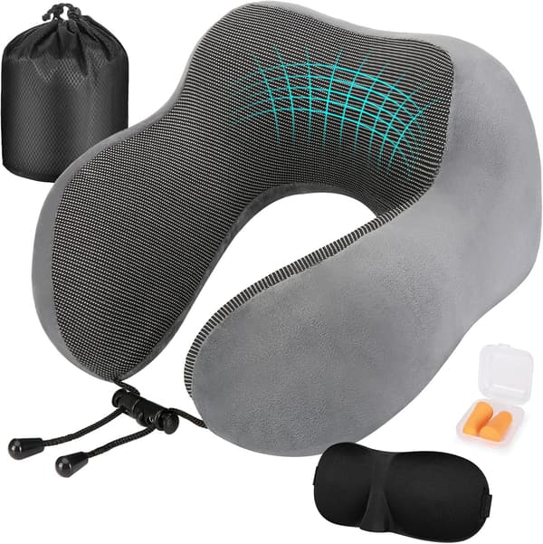 Justerbar Resekudde i Memory Foam med Öronproppar och Ögonmask för Flygplan och Bilresor