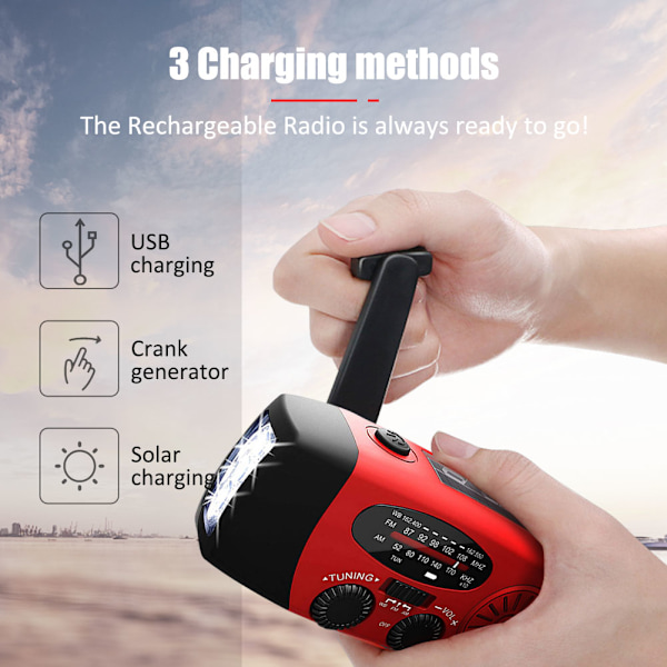 Solcellsdriven väderradio med vevfunktion och powerbank, röd red