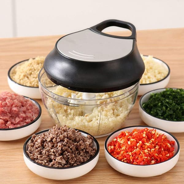 Mini Foodprocessor, Løg Hakker med 3 Buet Rustfri Stål Blade, Manuel Foodprocessor/Hakker/Mixer, 12.6 * 10 cm, Bl