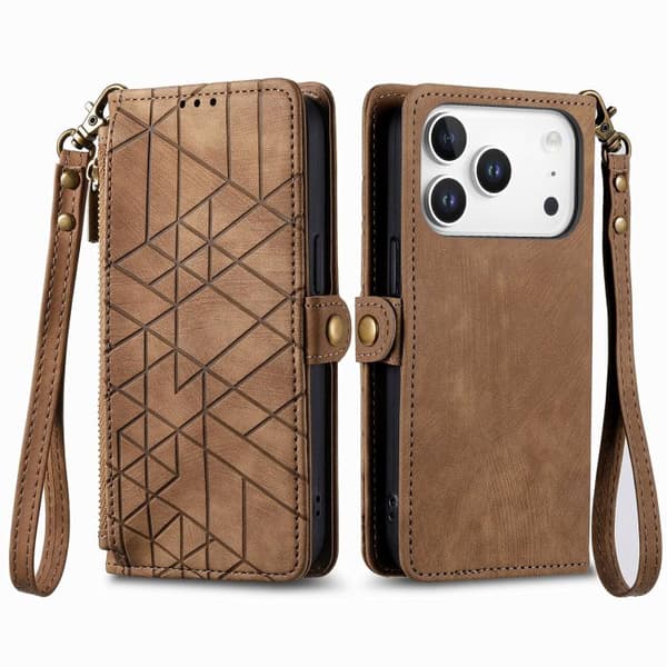 iPhone 17 Pro Max Skinnveske med geometrisk glidelås og sidespenne Brun
