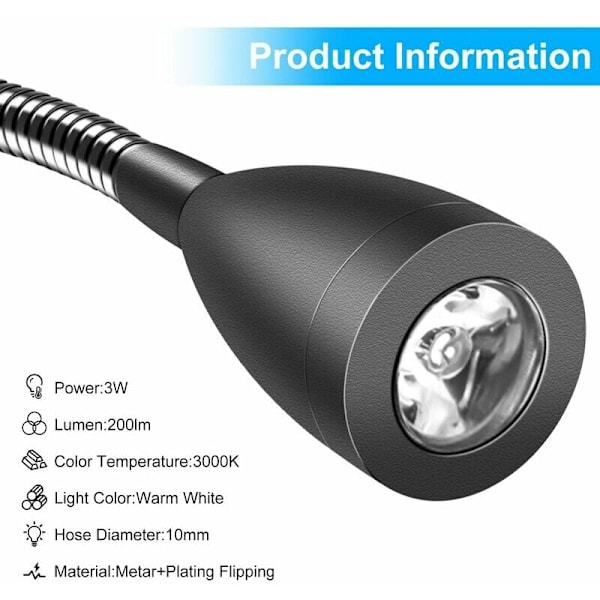Sänglampa Vägglampa 2-pack Lampor Vägglampa Läslampa LED Gooseneck Lampa 3W, 3000K Varmvit Läslampa
