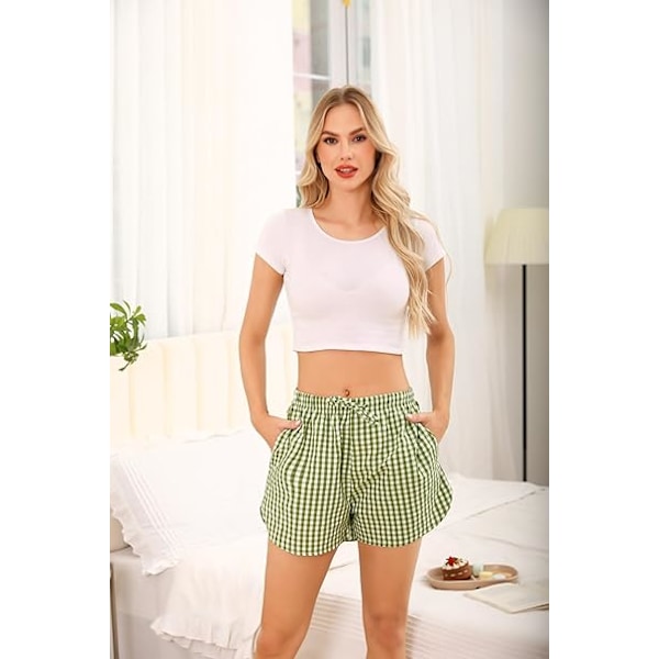 Kvinners Casual Shorts Søte Rutete Trykk Sovebukser Boxer Briefs for Søvn Gym Løping med Lommer M