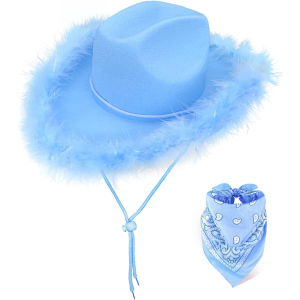 Sininen cowboy-hattu höyhenellä, sininen höyhen cowgirlh Sky Blue Cowboy Hat