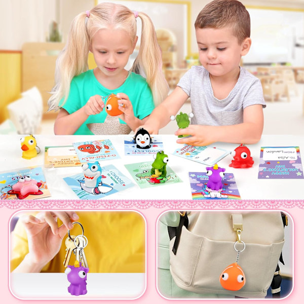 24-pack Kläm Djur Poppande Ögon Nyckelringar, Fidget Leksaker för Klassrum Skola Presenter Utbyte