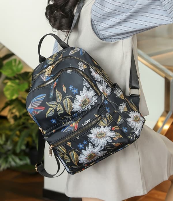 Dame Mode Rygsæk 15L Vandtæt Skoletaske Til Piger Med Retro Print Design Sort