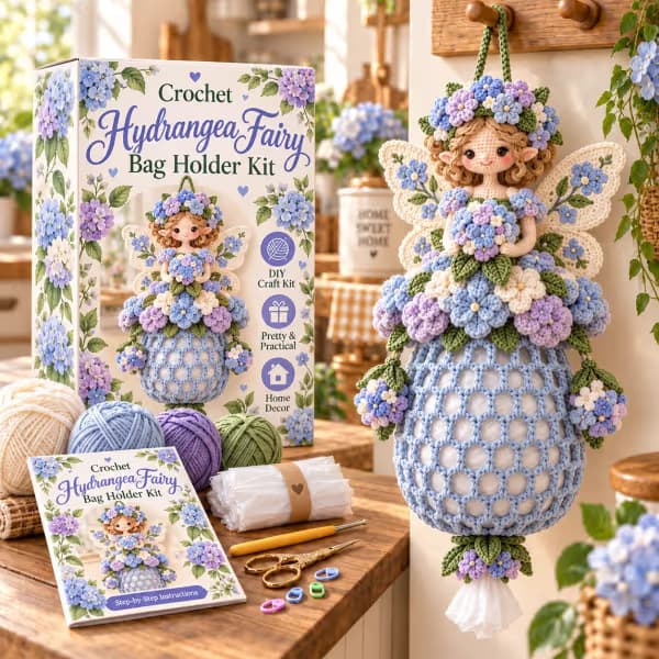 DIY Heklet Dyreposeholder-sett - Håndlaget oppbevaringspose for poser og tilbehør DIY Material Kit Hydrangea Fairy