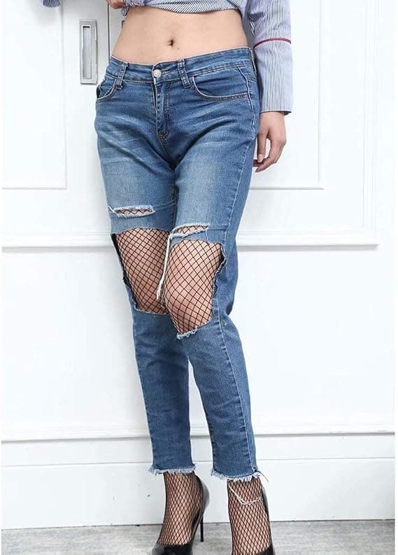 Højt taljede leggings med fiskenetstrømper til kvinder, sorte