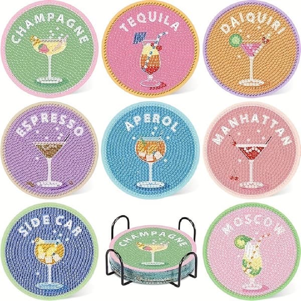 Jule diamantmaleri-underlagsett, DIY glitrende drikkematter med metallholder 831