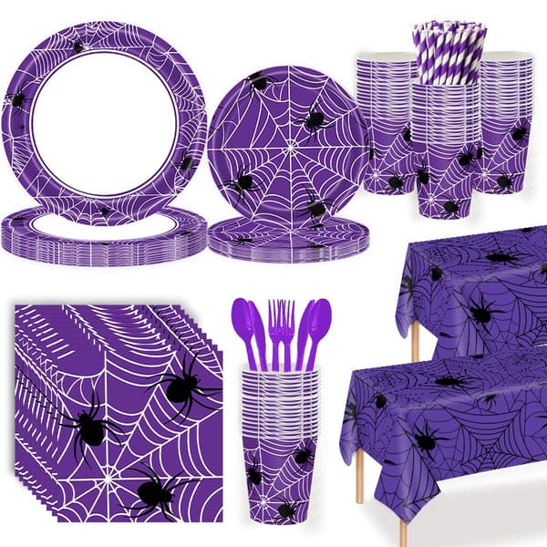 Edderkoppespind Festservice Sæt - Engangs Papirkopper, Tallerkener & Servietter til Halloween Fest 24 purple spider web paper cups