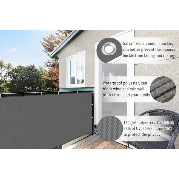 SHADE Balkonbeskyttelse Privatlivsskærm 90x300cm Grå Privatlivsskærm 100% Polyester (160g/㎡) UV-beskyttelse Uigennemsigtig