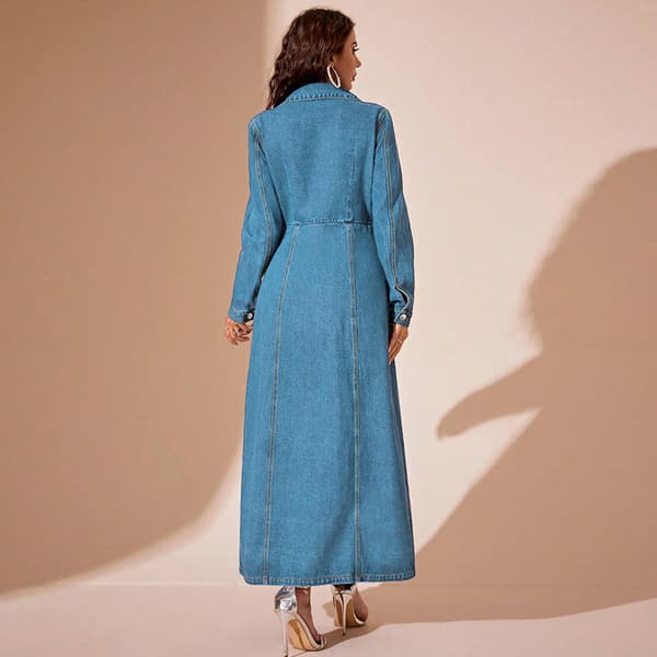 Lang Denimkjole Dame Midi Skjortekjole Lyseblå Light Blue XL