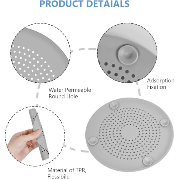 2 stk. silikonesil til vask, silikonesil til hår, køkkenafløbsdæksel, sil med sugekop, grå og hvid