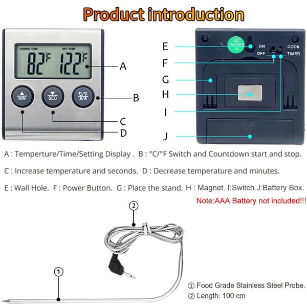 Digitalt madtermometer med probe og timer til madlavning, grillning, ovn, BBQ