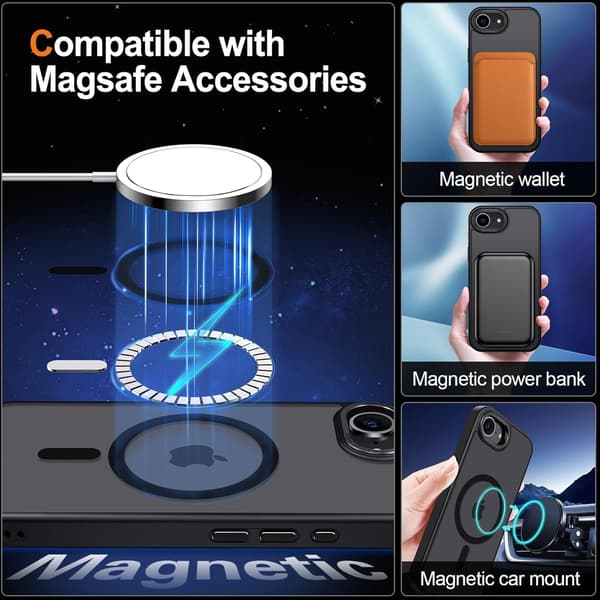 Magnetisk iPhone 16e-cover, mat gennemsigtig, MagSafe-kompatibel - Sort
