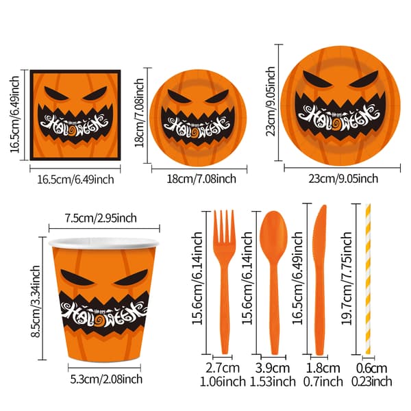 Halloween Græskar Tema Engangs Festservice Sæt, Paptallerkener Kopper Servietter Bestiksæt til Temaarrangementer I