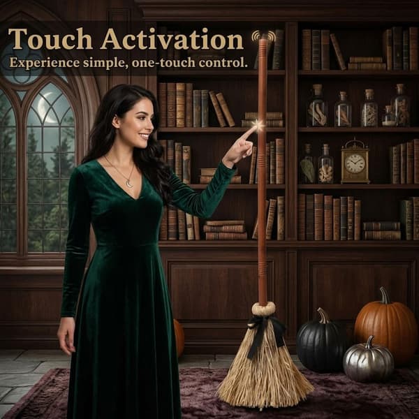 37.4\" Moving Witch Broom, Sound Activated Witch Broom, Witch Broom Halloween Decoration, Animated Magic Broom with Touch Activated Movement