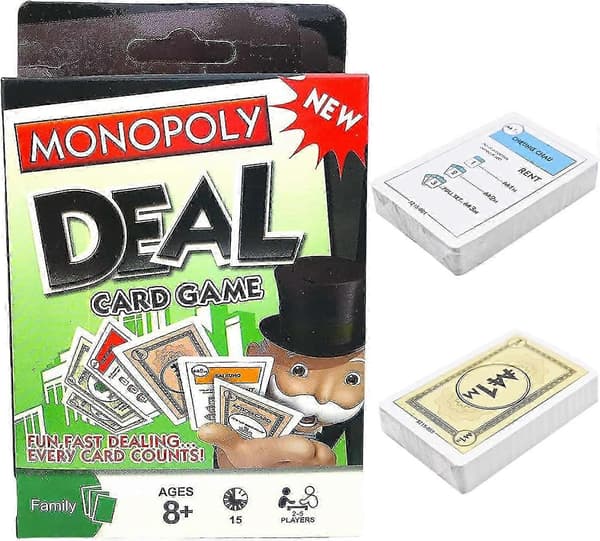 Monopoly lautapeli, monopoly-korttipeli, monopoly deal -korttipeli lapsille ja perheille