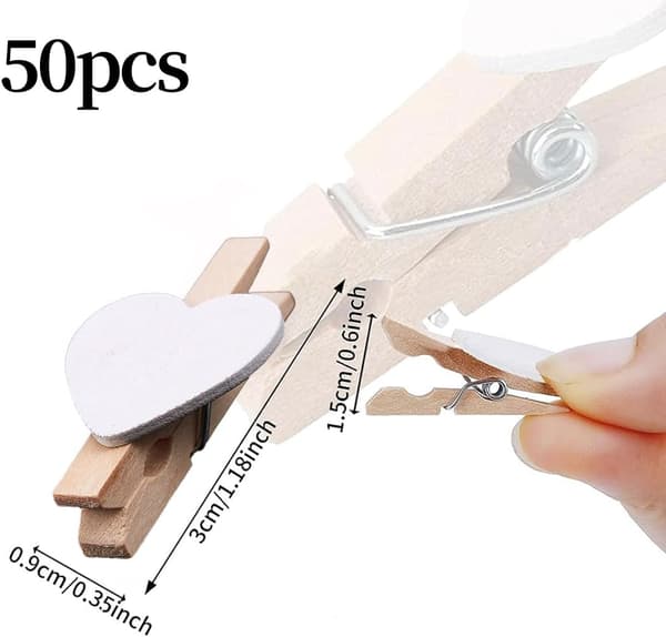 Tvättklämmor - 50 Små Träfotoklämmor, Mini Hjärtformade Trä