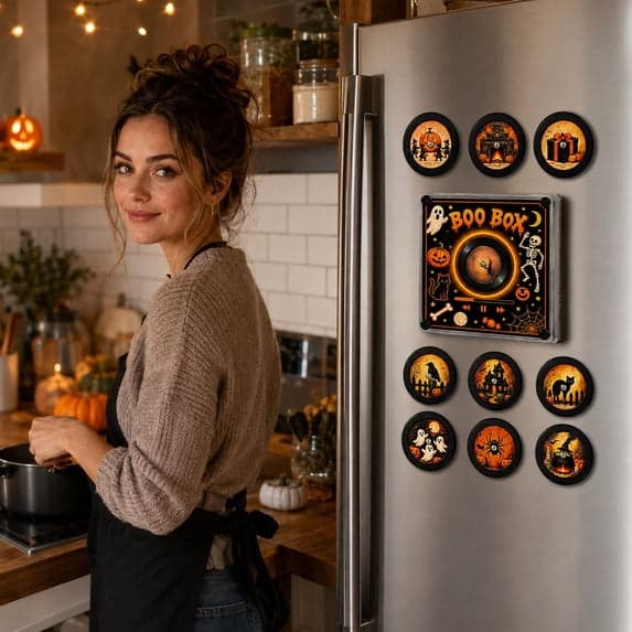 Jule-vinylspiller kjøleskapsmagnet med 9 NFC-plater, LED-lys, retromusikkdekor BOO BOX