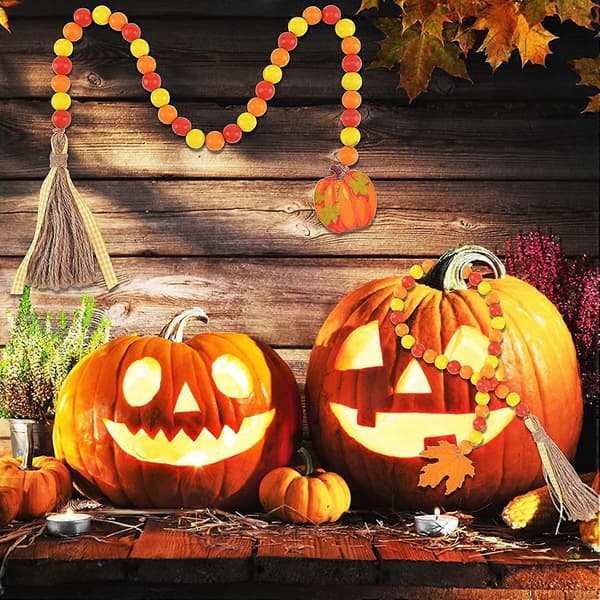 2-pack höstpärlkrans Halloween-prydnad, pumpa lönnlöv och rutiga franspärlor