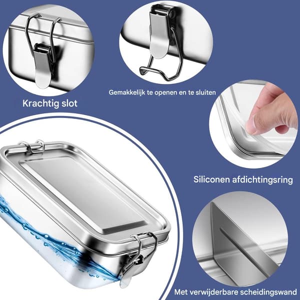 Madkasse i rustfrit stål 850 ml - Lækagesikker Bento Box med sikker låseclips, holdbart og kompakt design