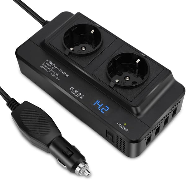 12V til 220V Bil Strømomformer Transformer 200W Cigarettænderstik Bil Inverter Adapter med 4 USB-porte 2 EU-stik Strømomformer