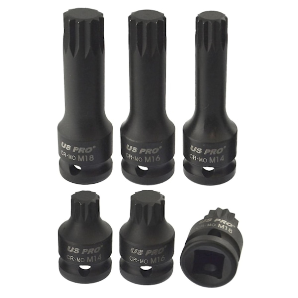 Spline-hylsersett Triple Square 1/2\" Drive M14 - M18 6 stk Grunne og Dype AT829