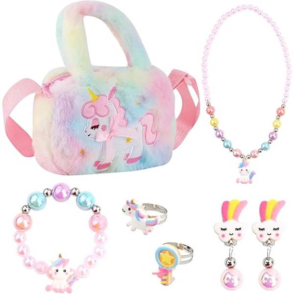 Unicorn Crossbody Taske Pung Smykker til piger, Unicorn Taske Piger Unicorn Perle Smykkesæt Børn Plys Unicorn Taske Legetøj Unicorn Gaver
