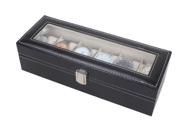 Watchbox Kellon kotelo 6 kellolle - Musta valkoisella saumalla/musta