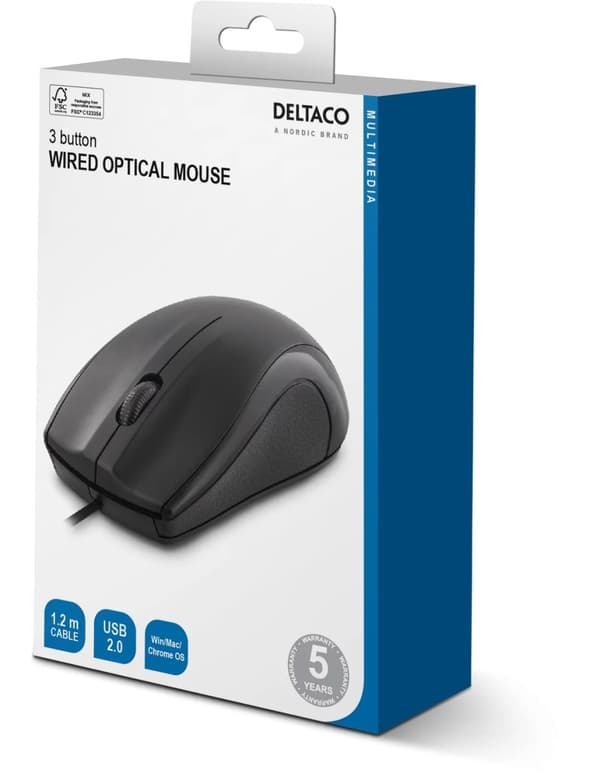 DELTACO kablet optisk mus, 3 knapper med scroll, 1200 DPI, svart 80