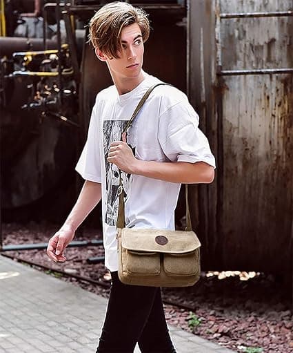 10\" Canvas Axelväska (Unisex Khaki), iPad Messenger Bag, Herr/