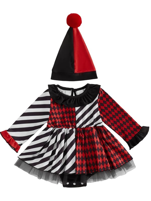 Halloween-klovnekostume til baby piger, patchwork-heldragt med matchende hat yellow 3-6M
