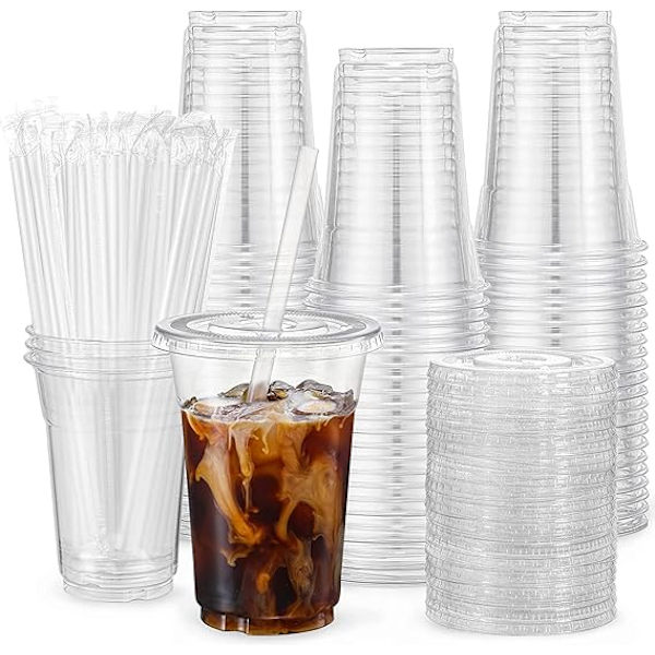 100 Sæt - 35 cl Klare Plastikkrus med Låg og Sugerør, Engangskrus til Iskaffe, Smoothie, Milkshake, Kolde Drikke