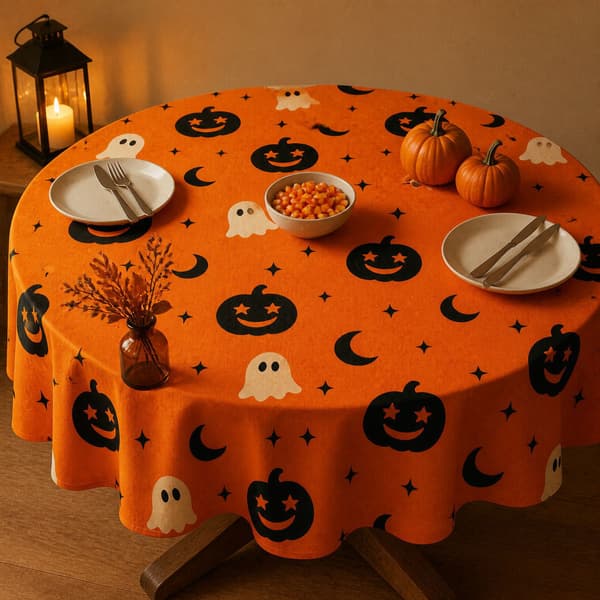 Rund dug med feriedesign til temafester Halloween bordpynt Purple Ghost 90*90CM