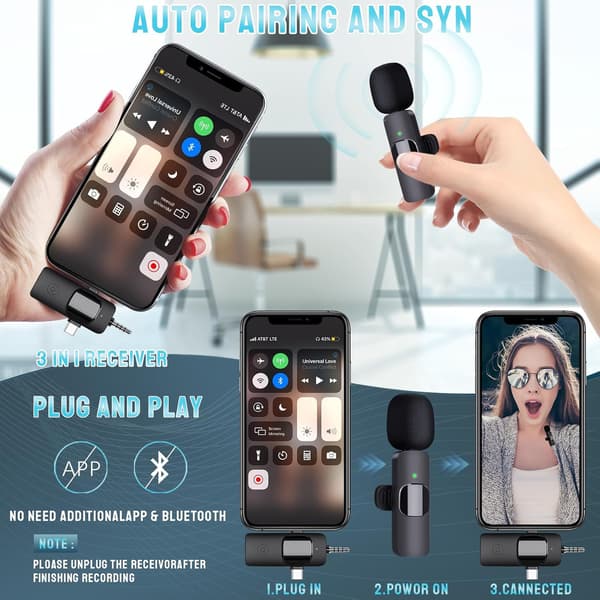 Trådløs mikrofon til iPhone Android Kamera iPad, 3-i-1 Dobbelt Professionel Lavalier Mini Mikrofon med USB-C Plug Play til Video YouTube TikTok