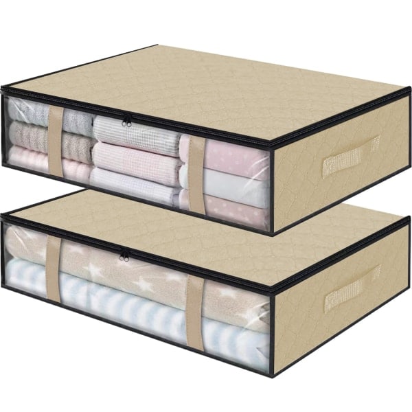 Sett med 2 beige 40L sammenleggbare oppbevaringsposer for under sengen med klart vindu