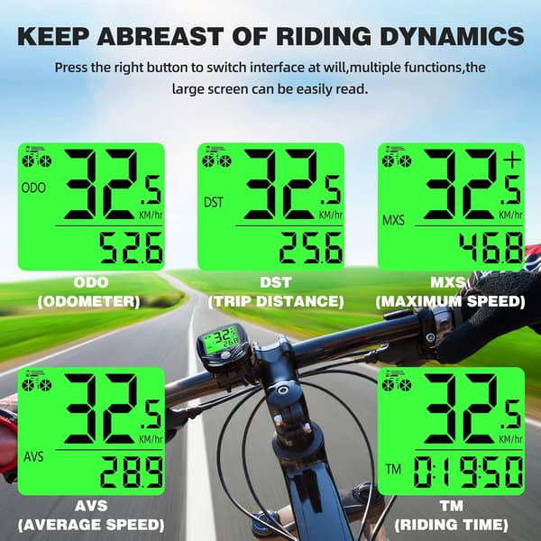 Trådløs cykelcomputer universal 19 funktioner IP54 vandtæt, cykel speedometer kilometertæller cykelcomputer med display, sort