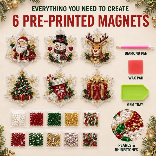 Juleperle- og diamantmaleri kjøleskapsmagnetsett - DIY håndverksdekor Snowflake 6-Piece Set