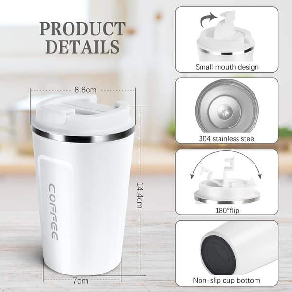 Premium Rejsekrus i rustfrit stål til kaffe og te, isoleret termokop 380 ml hvid